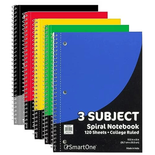 20 Pack of Bulk Wholesale 3-Subject 120 Sheet White Lined Paper Spiral Notebooks in Assorted Colors - 20 Count 3-Subject 120 Sheet Lined Paper Spiral Notebooks in Black, Red, Yellow, Green, Blue