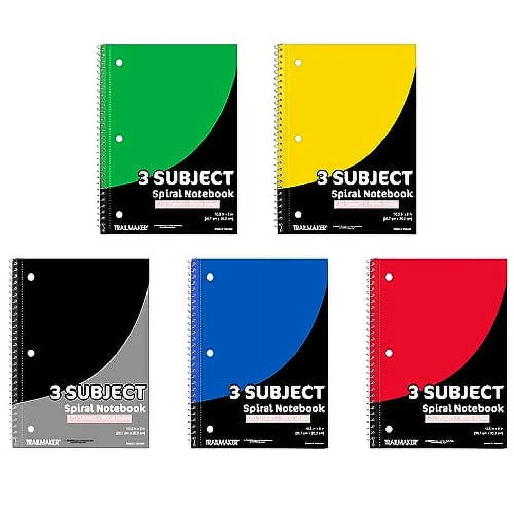 20 Pack of Bulk Wholesale 3-Subject 120 Sheet White Lined Paper Spiral Notebooks in Assorted Colors - 20 Count 3-Subject 120 Sheet Lined Paper Spiral Notebooks in Black, Red, Yellow, Green, Blue